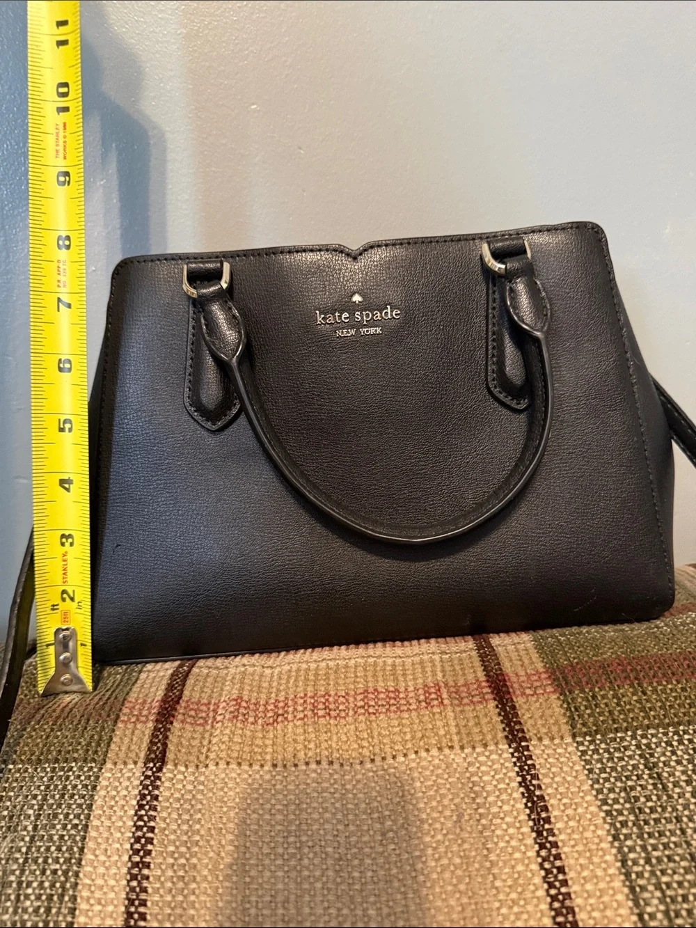 kate spade black Saffiano leather satchel with gold logo